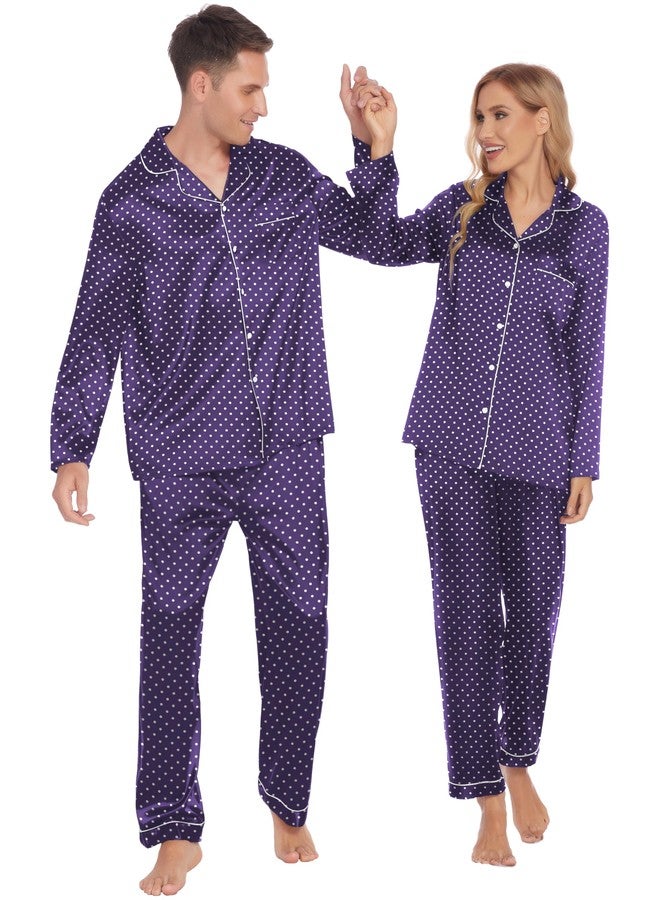 Ekouaer Couples Matching Pajamas Silk Long Sleeve Sleepwear Satin Soft Button Down Loungewear Pjs Set,Navy White Polka Dots,S - Image 1